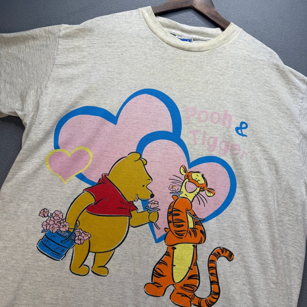 Vintage Disney Pooh & Tigger Graphic T-Shirt Womens OSFM Gray Cotton Blend 90s